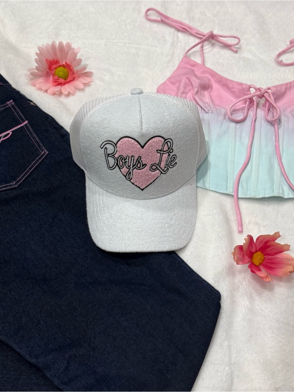 Aura White Trucker Hat with Pink Heart "Boys Lie" Embroidery
